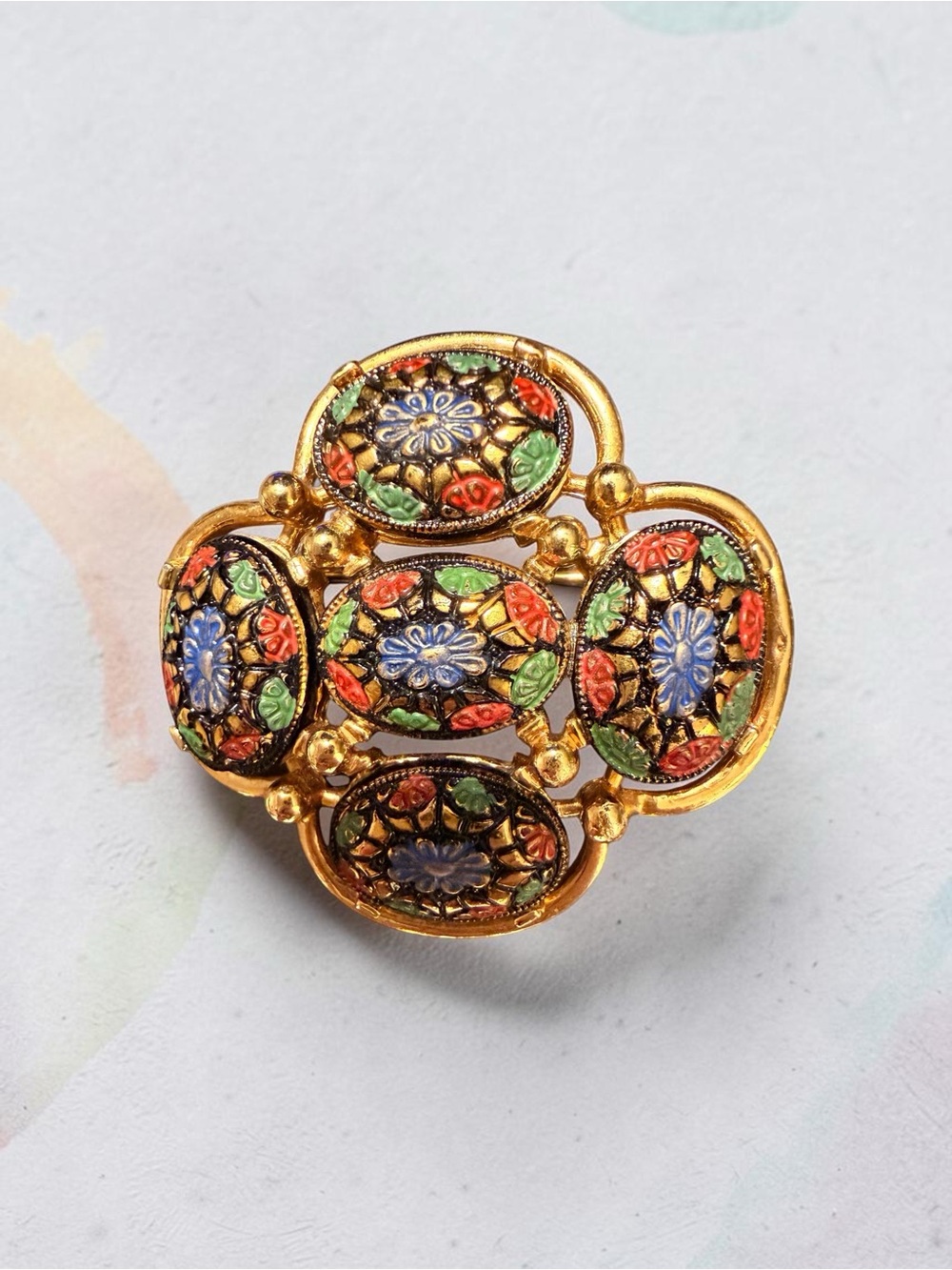 Sarah Coventry Hand Painted Gold-Tone Floral Enamel Brooch - Blue, Red, Green - Picture 5 of 11